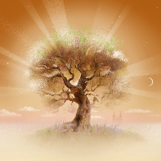A fantasy like tree growing out of the clouds with light rays eminating
